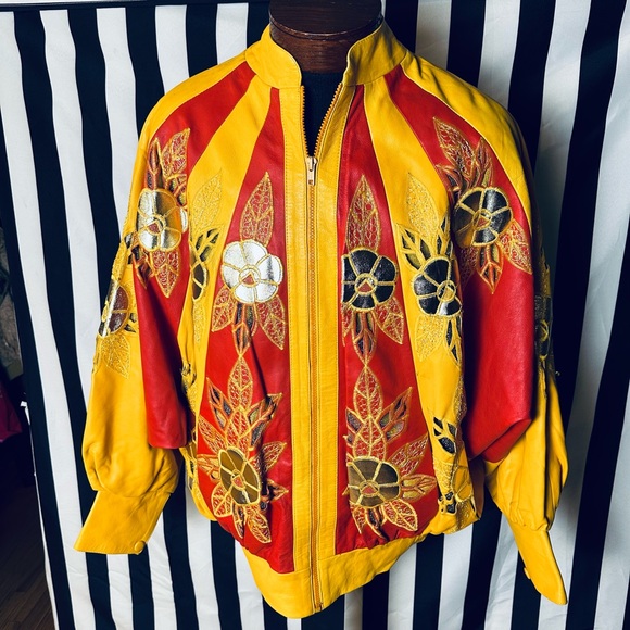 Wow 🤩 Incredible 80s Batwing Floral Embroidered Sun Rays Design Leather Jacket - Picture 4 of 6